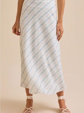ARULA ( Altar’d State) White Slip Midi Skirt with Light Blue Floral Stripe NWT